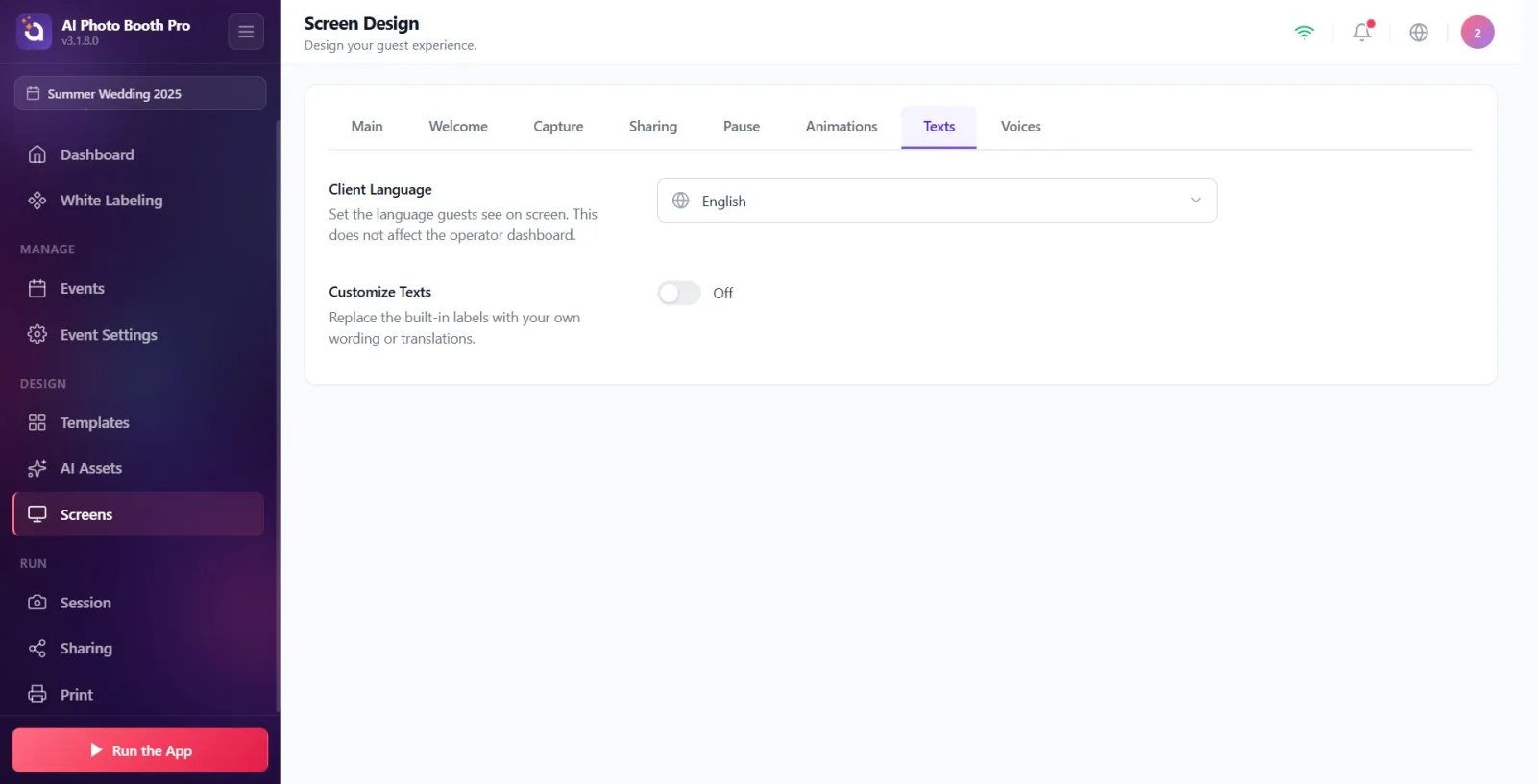The top tab strip of the Screen Design page; Texts tab is selected/checked.