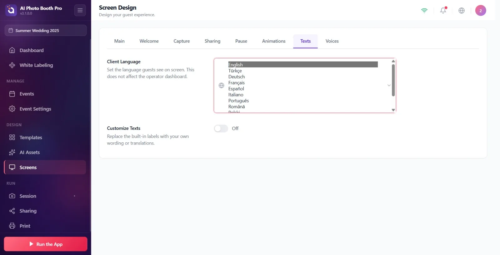 Client Language drop-down menu open; language options (English, Turkish, Deutsch...) appear.