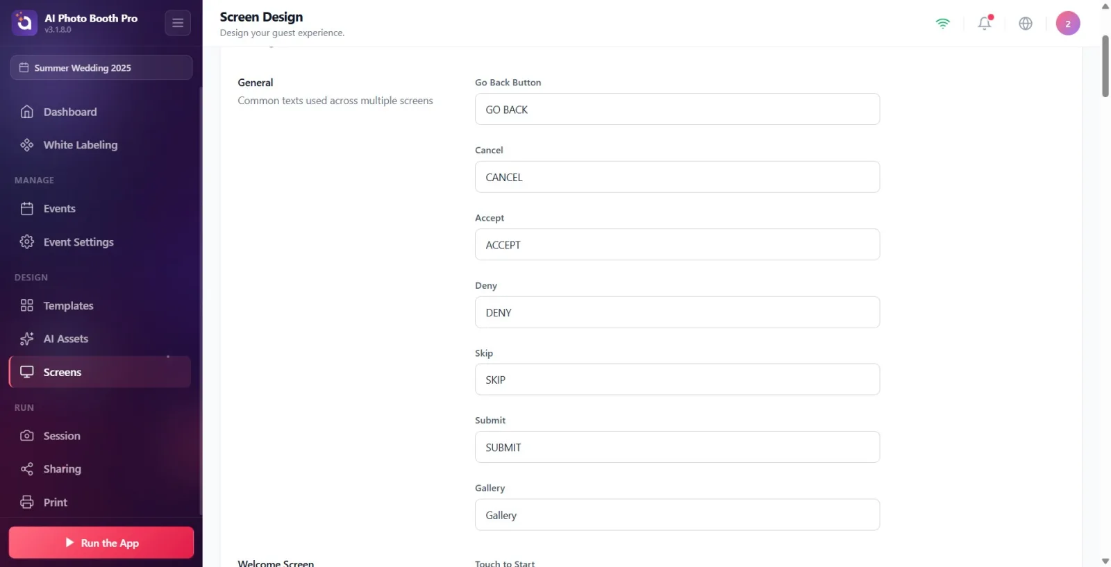 The Customize Texts switch is on and the view under which the editing sections (General, Welcome Screen...) appear.