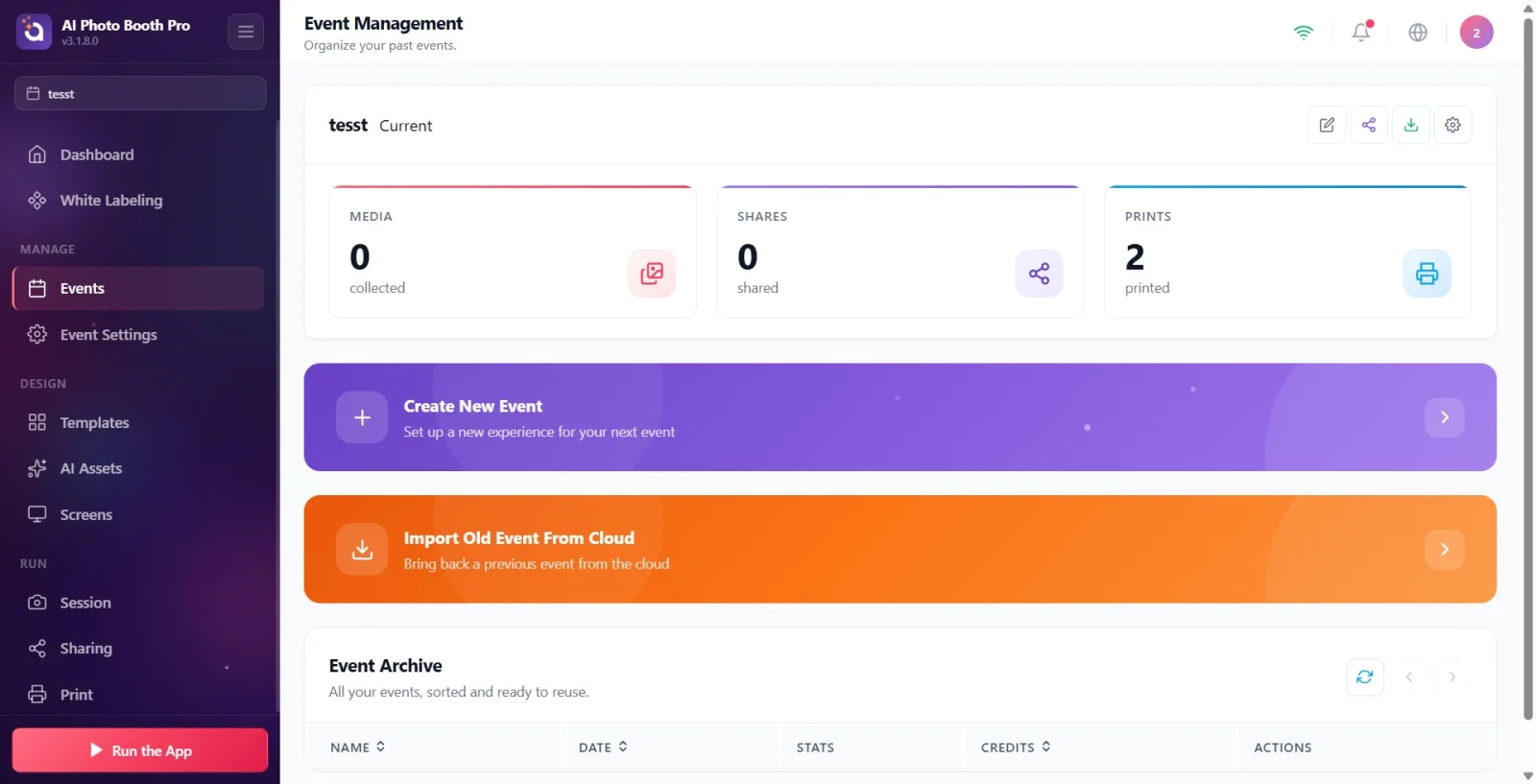 Event Management page: the Create New Event banner and the Event Archive below it; (if present) the current event card…