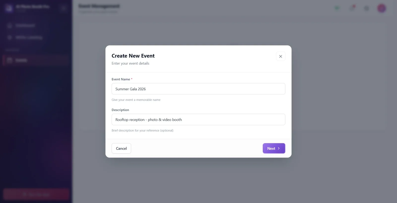Wizard Step 1: the Event Name and Description fields filled in, the active Next button at the bottom right.