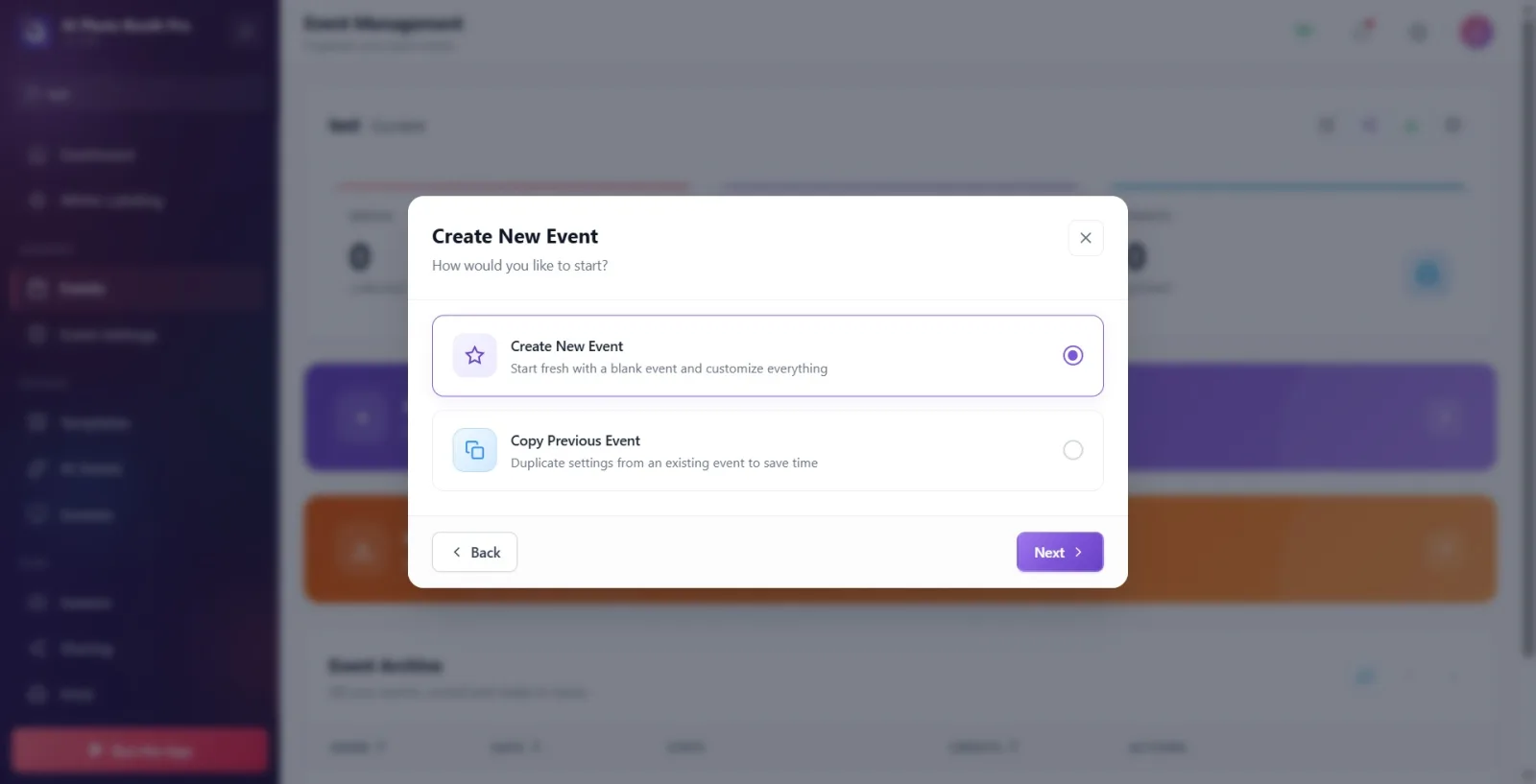 Step 2: the Create New Event and Copy Previous Event cards side by side; one selected (highlighted).