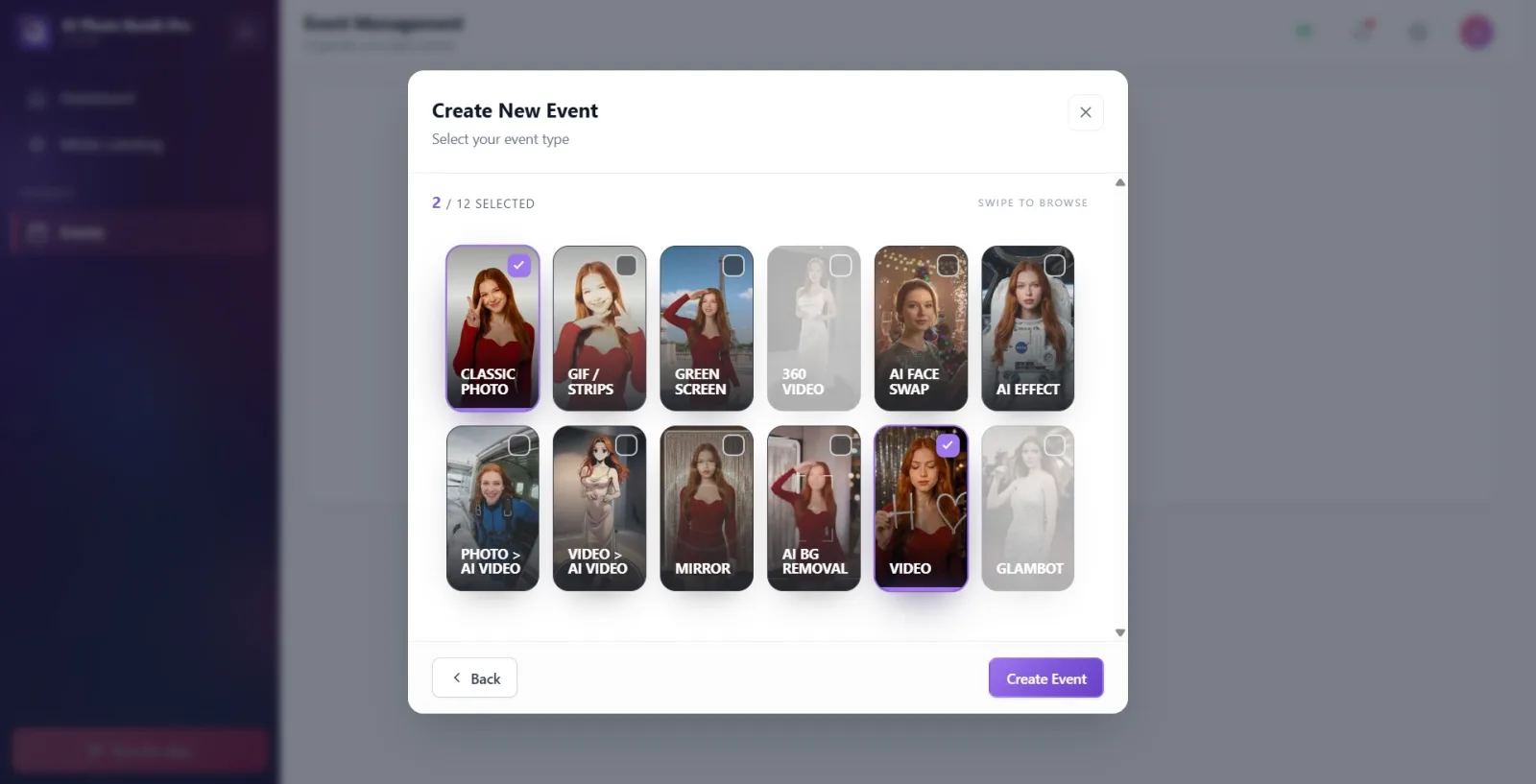 Step 4: the vertically scrolling list of 12 type cards with video previews; the "N / 12 selected" counter at the top…