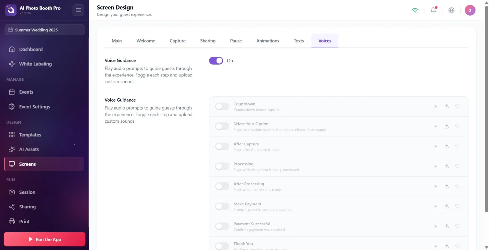 Tab strip of page Screen Design , rightmost tab Voices selected/checked.