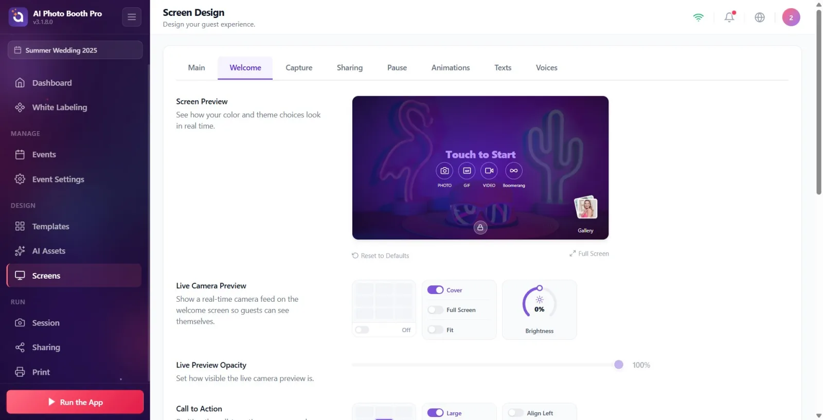 Welcome tab is selected on the Screen Design page; The live Screen Preview card appears at the top, and the Reset to…