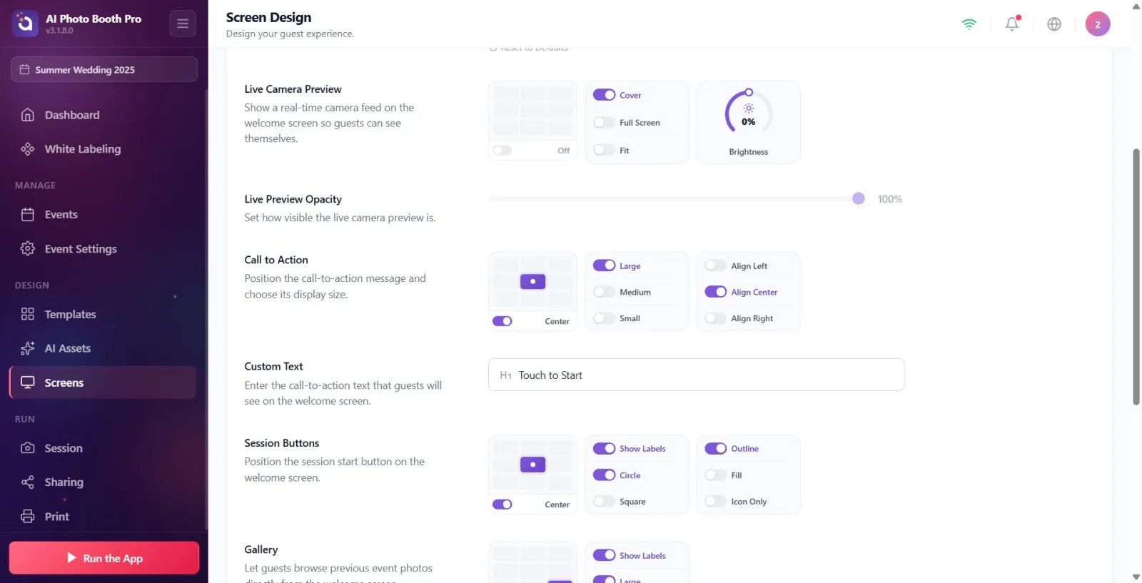 Call to Action section's location grid, size, and alignment option switches; The location of the CTA text appears in…