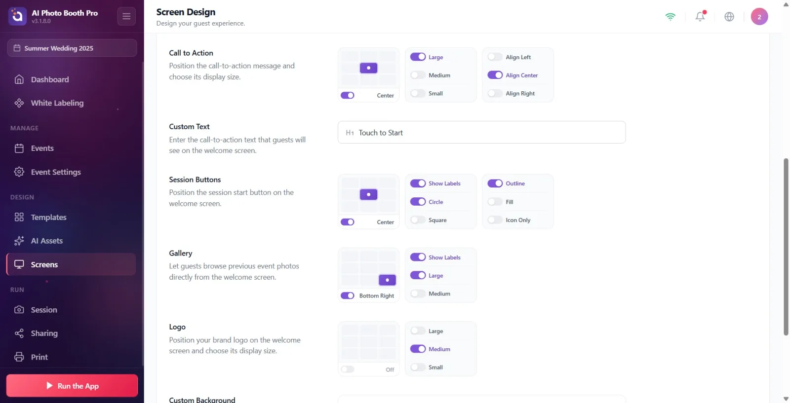 Session Buttons section: position grid, 'Circle/Square' format selection, Show Labels key and 'Frame/Fill/Icon Only'…