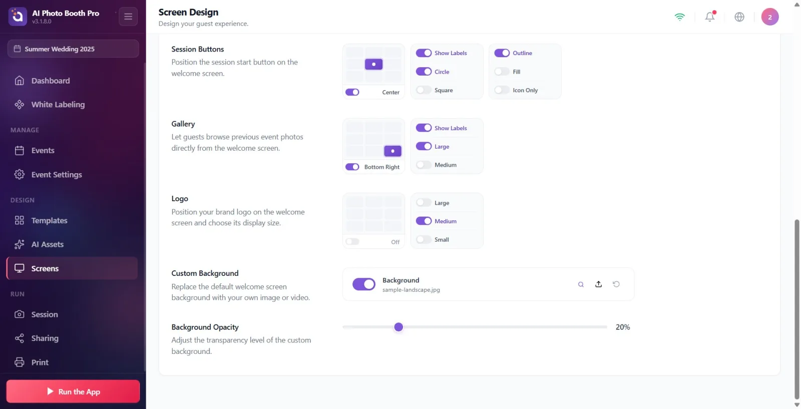 Custom Background line: Background header, selected filename/size, and toggle switch with Preview/Load/Reset buttons on…