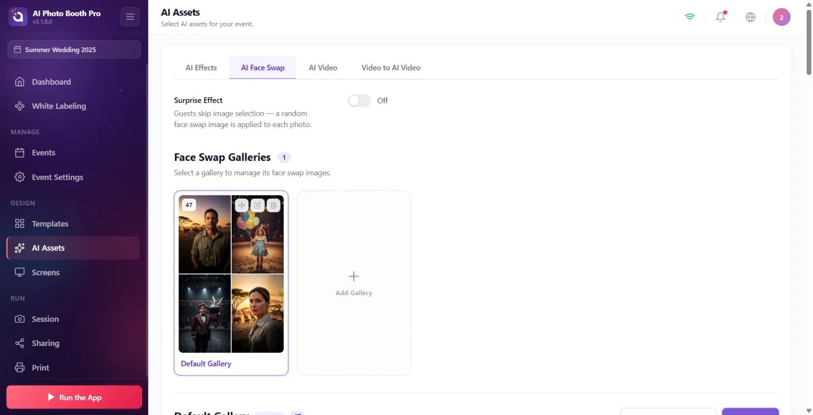 AI Assets page; three tabs at the top, the AI Face Swaps tab is selected and the gallery section appears below it.