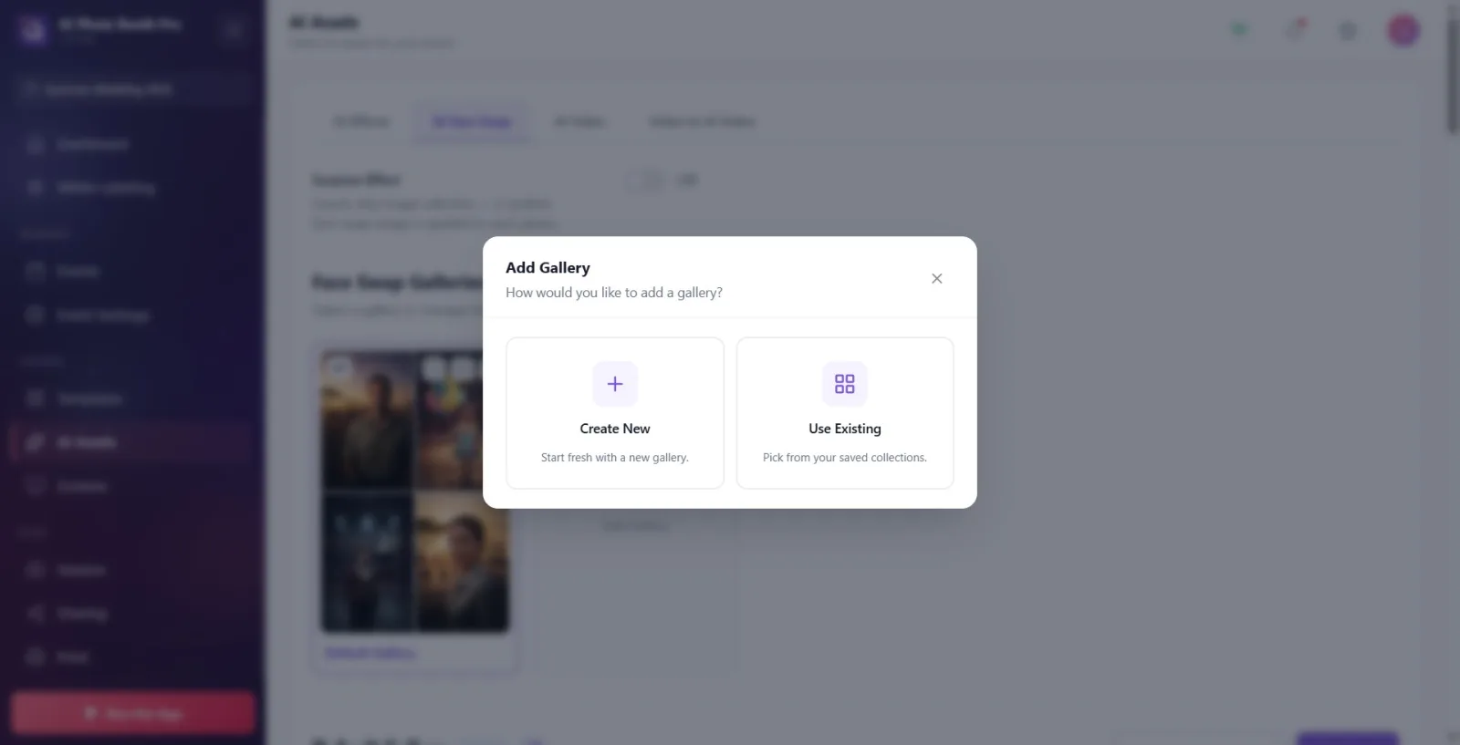 Selection step of modal Add Gallery : option cards Create New and Use Existing side by side.