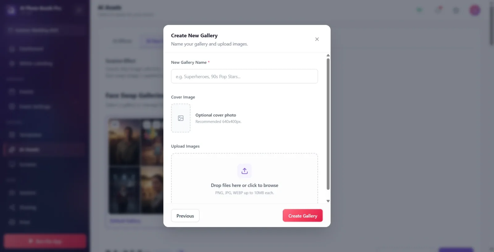 Create New Gallery form: namespace, Cover Art preview, Upload Images dropzone and Create Gallery button at the bottom.