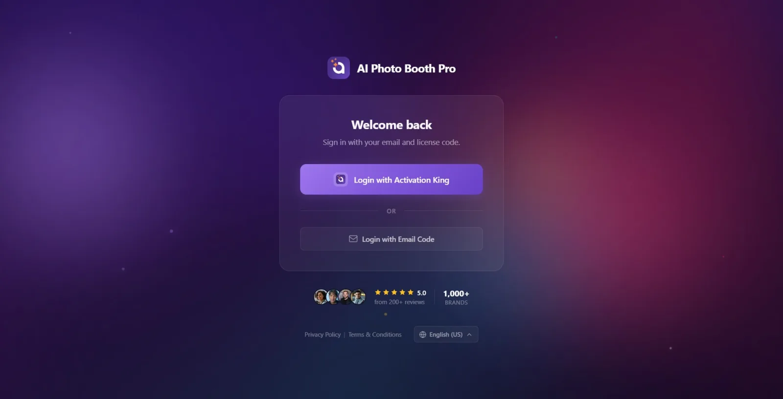 Ready version of the login screen: logo and application name, Welcome back title and two login buttons below it ( Login…