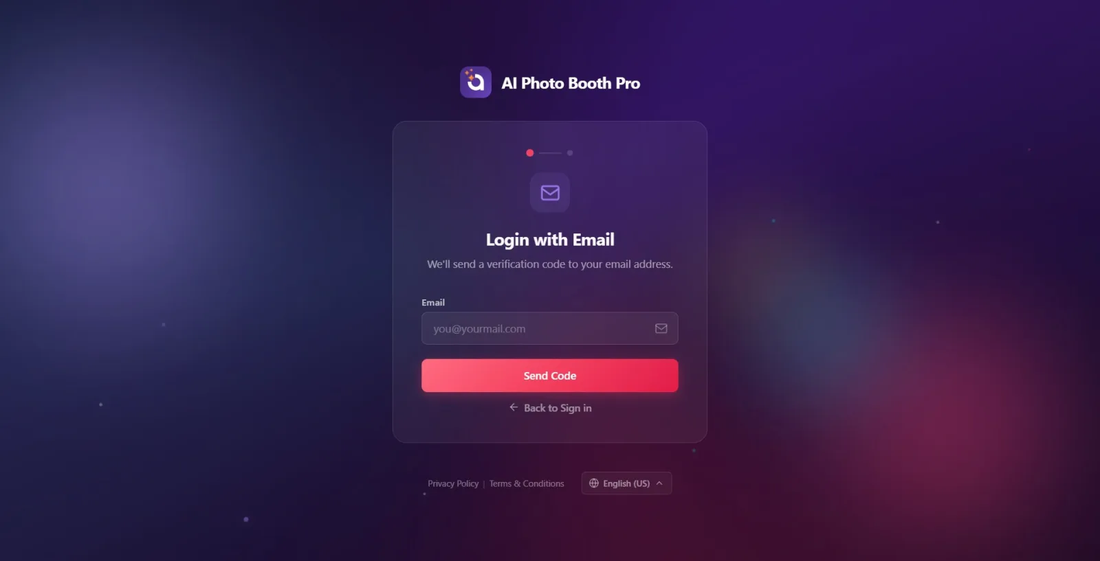 Email login step 1: Login with Email header, E-Mail text box ( you@yourmail.com hint), Send Code button and Back to…