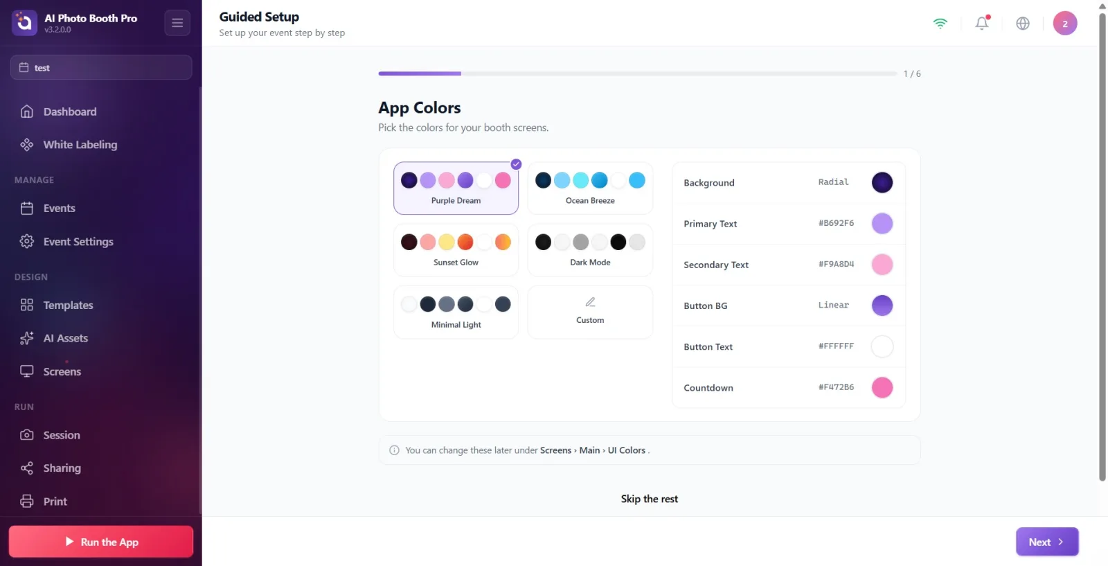 Guided Setup opening view: progress bar, step title, Skip the rest / Next in the footer