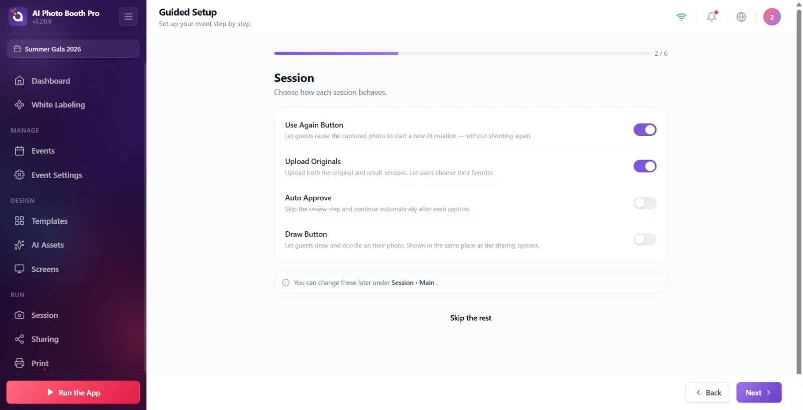 Session step: list of 4 toggle rows (Use Again Button / Upload Originals / Auto Approve / Draw Button)