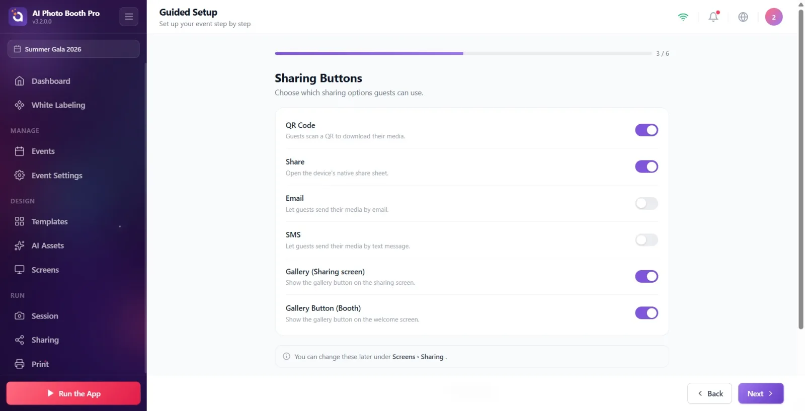 Sharing Buttons step: list of 6 toggle rows (QR Code / Share / Email / SMS / Gallery×2)