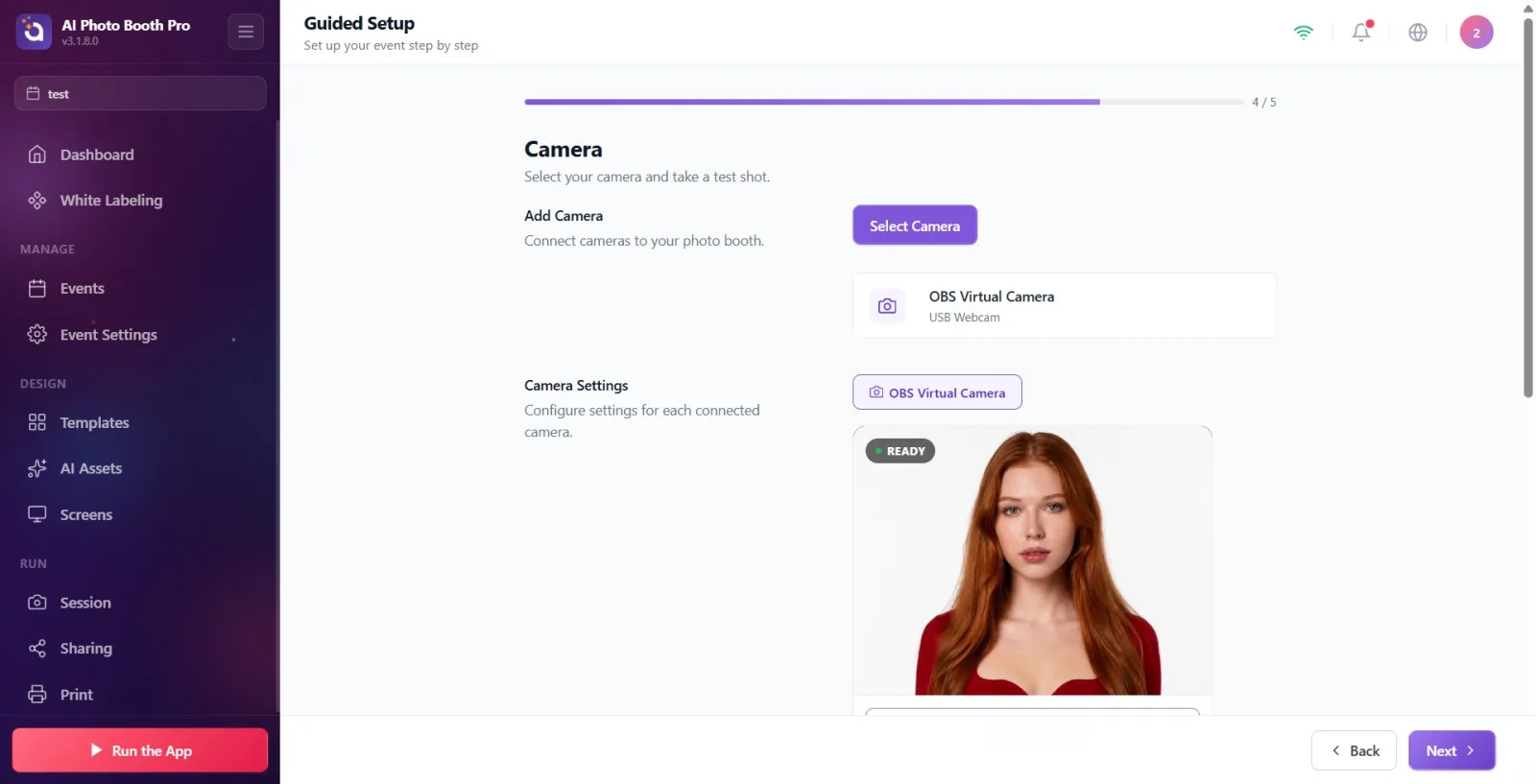 Camera step: the embedded camera selection/test panel