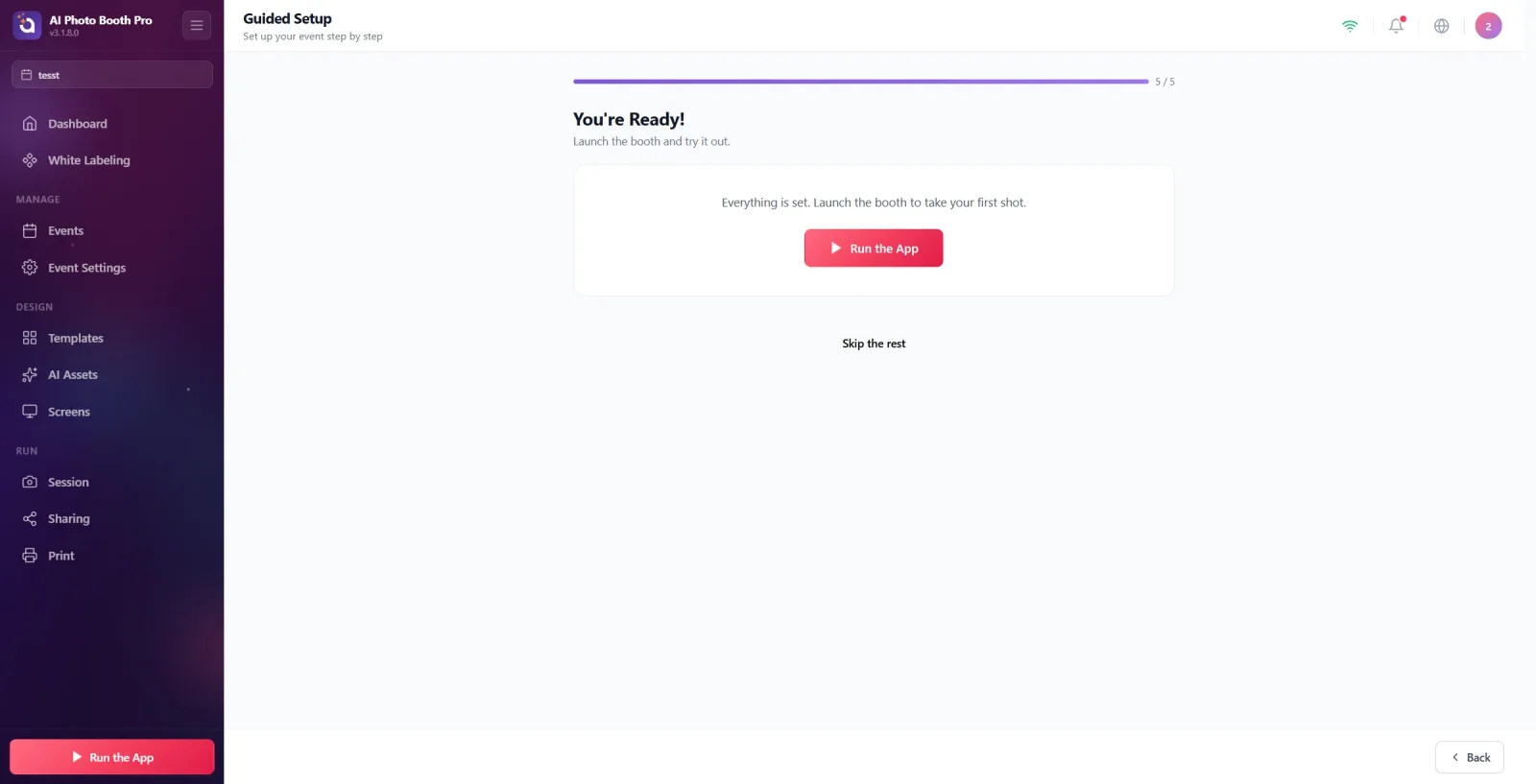 Final step: info text + the large "Run the App" button