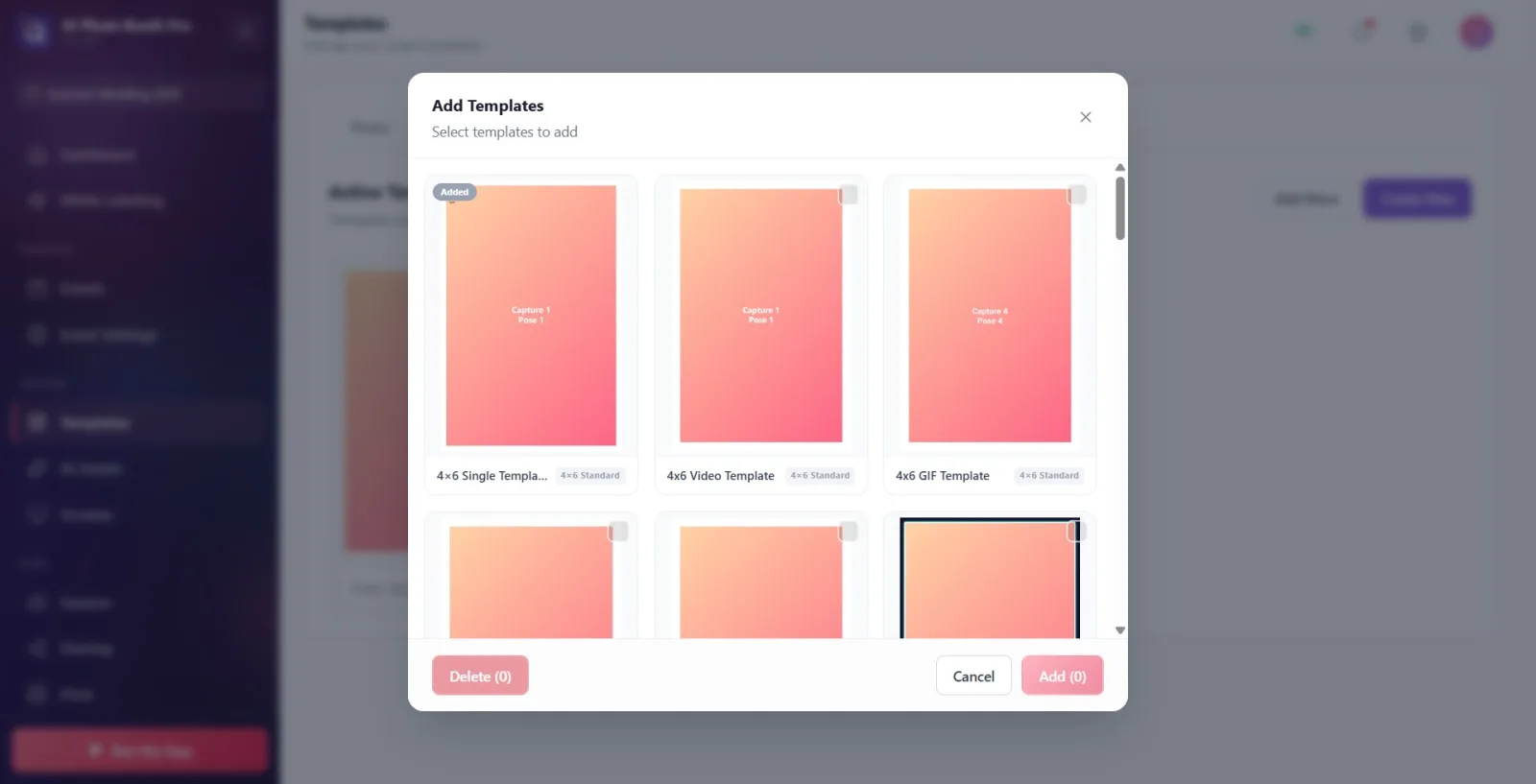 Add Templates modal: grid of ready-made template cards, some with an 'Added' badge, a check (selection) box in the…