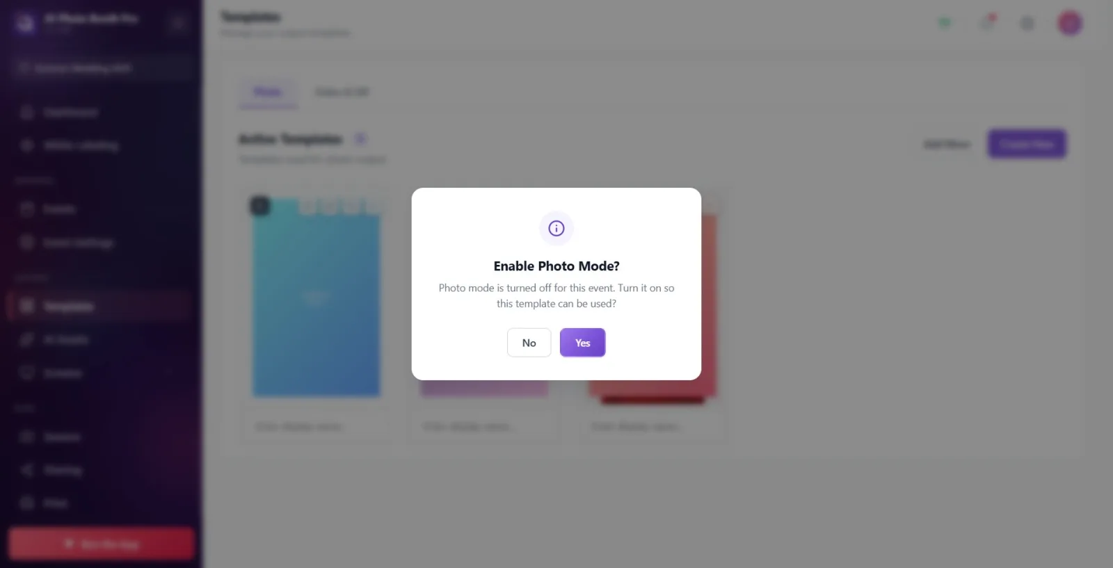 Mode-enable suggestion: an info popup like 'Shall we enable this mode?', with Yes/No buttons