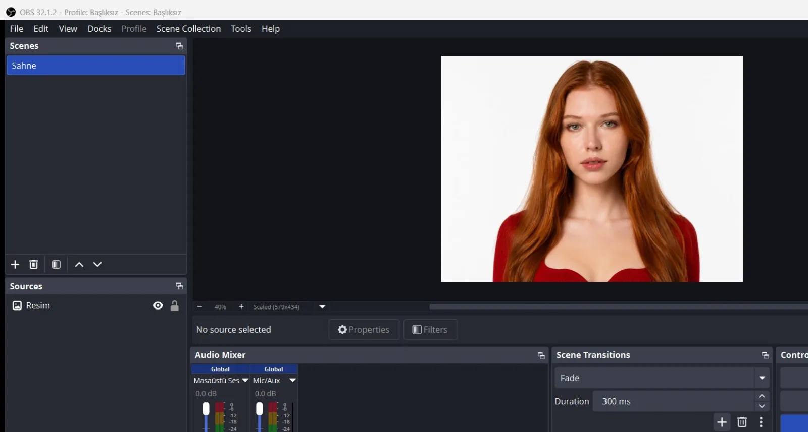 OBS main window: 'Scenes' and 'Sources' panels at the bottom, with at least one source added, the image to be broadcast…