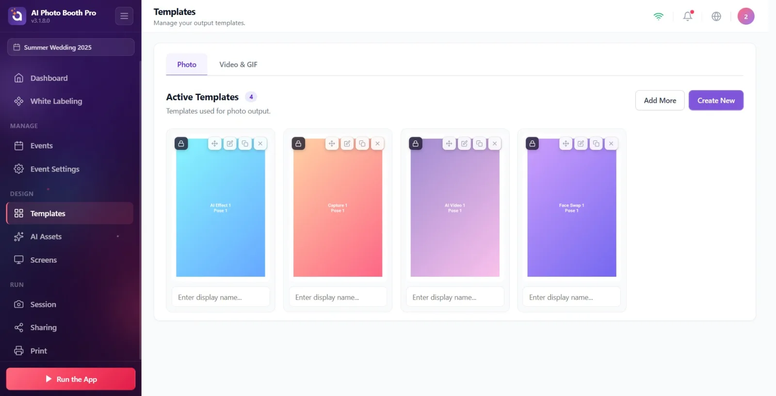 Templates page: at the top the Photo and Video & GIF tabs, the Active Templates heading with a counter badge, the Add…