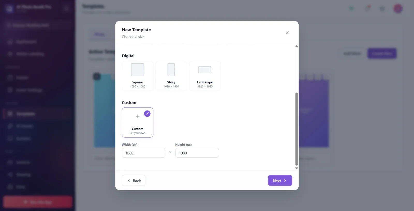 The Custom card selected; below it the Width (px) and Height (px) input boxes and the × sign between them should be…