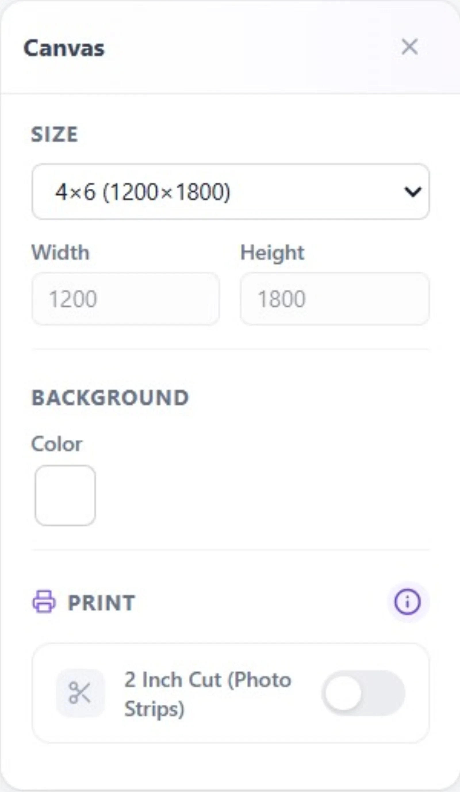 In the editor's right panel, under the "Canvas" heading, the "Size" drop-down list and Width/Height boxes; the…