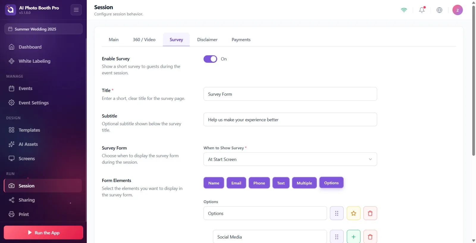 Under a field of type Options , sequential rows of options ( Social Media , Friend , Website ...) appear, with a text…