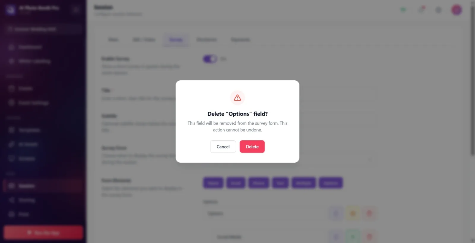 Field deletion confirmation window: warning banner contains the name of the field to be deleted, description text and…