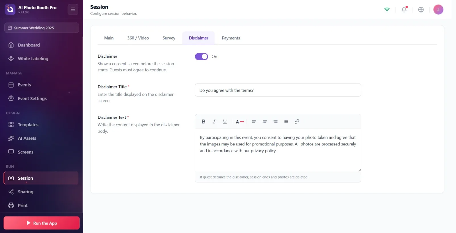 Top tab strip of the session page; The Disclaimer tab is marked as selected (active).