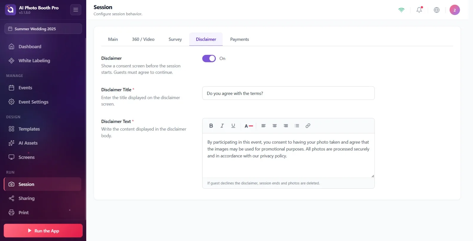 Disclaimer Text rich text editor: formatting toolbar at the top, default confirmation paragraph inside, warning line…