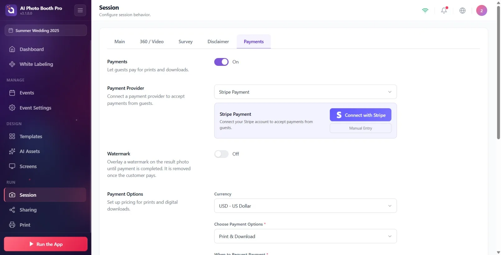 Disconnected status: Stripe Payment card, purple Connect with Stripe button, and Manual Entry button appear.