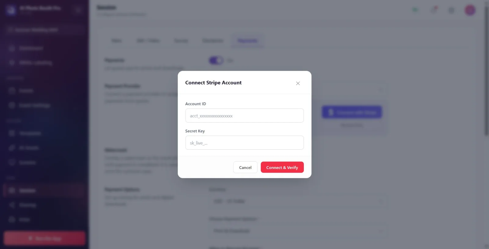 Connect Stripe Account modal: Account ID and Secret Key fields, Cancel and Connect & Verify buttons.