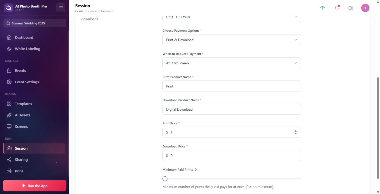 When to Request Payment drop-down menu, three timing options appear.
