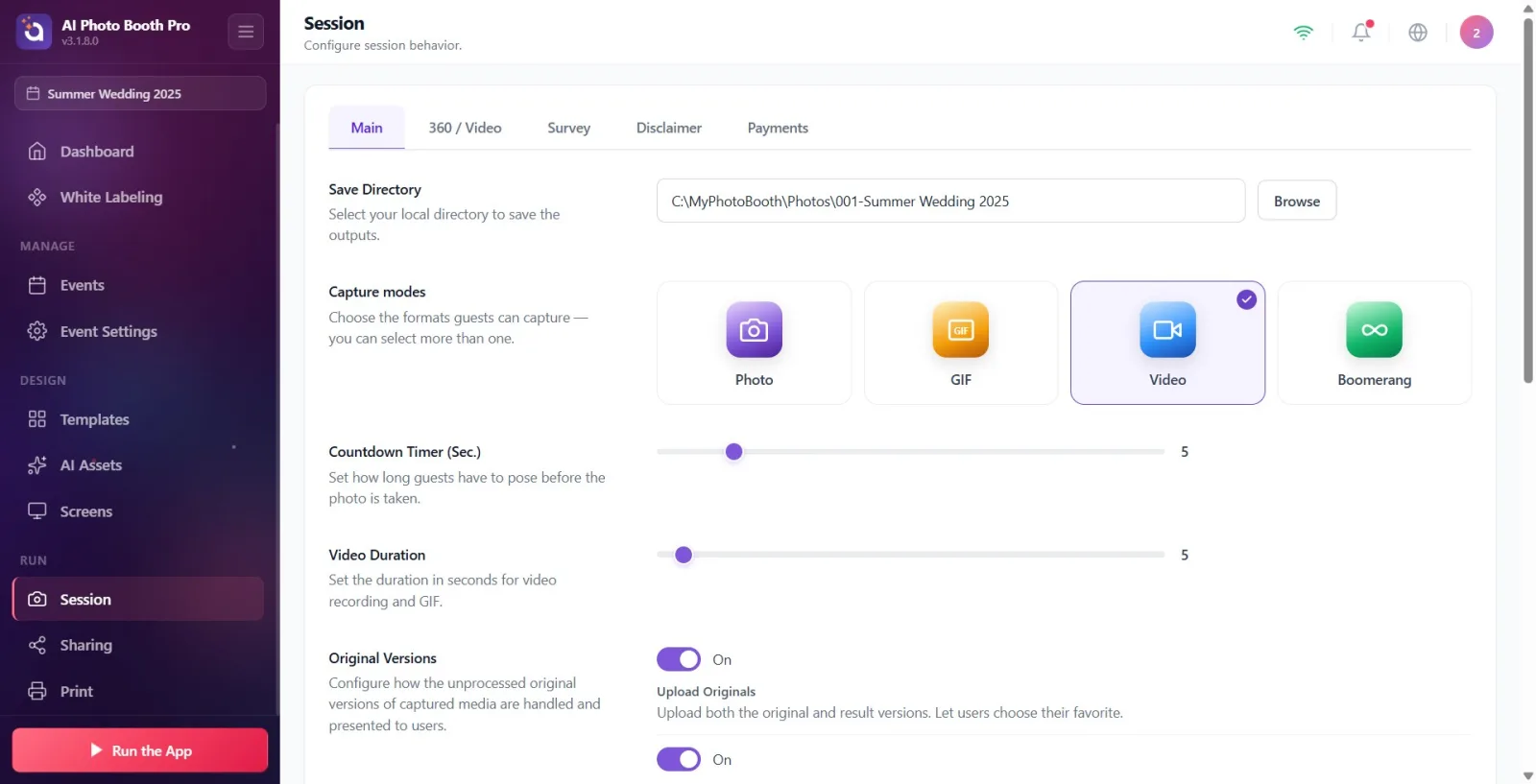 Photo/GIF/Video/Boomerang cards under Capture modes ; selected(s) with a purple frame and a check mark in the corner