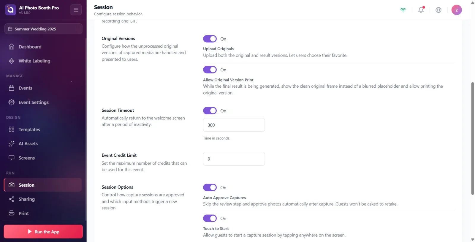 Launch trigger switches with the Auto Approve Captures switch in the Session Options section and the Auto Confirm…