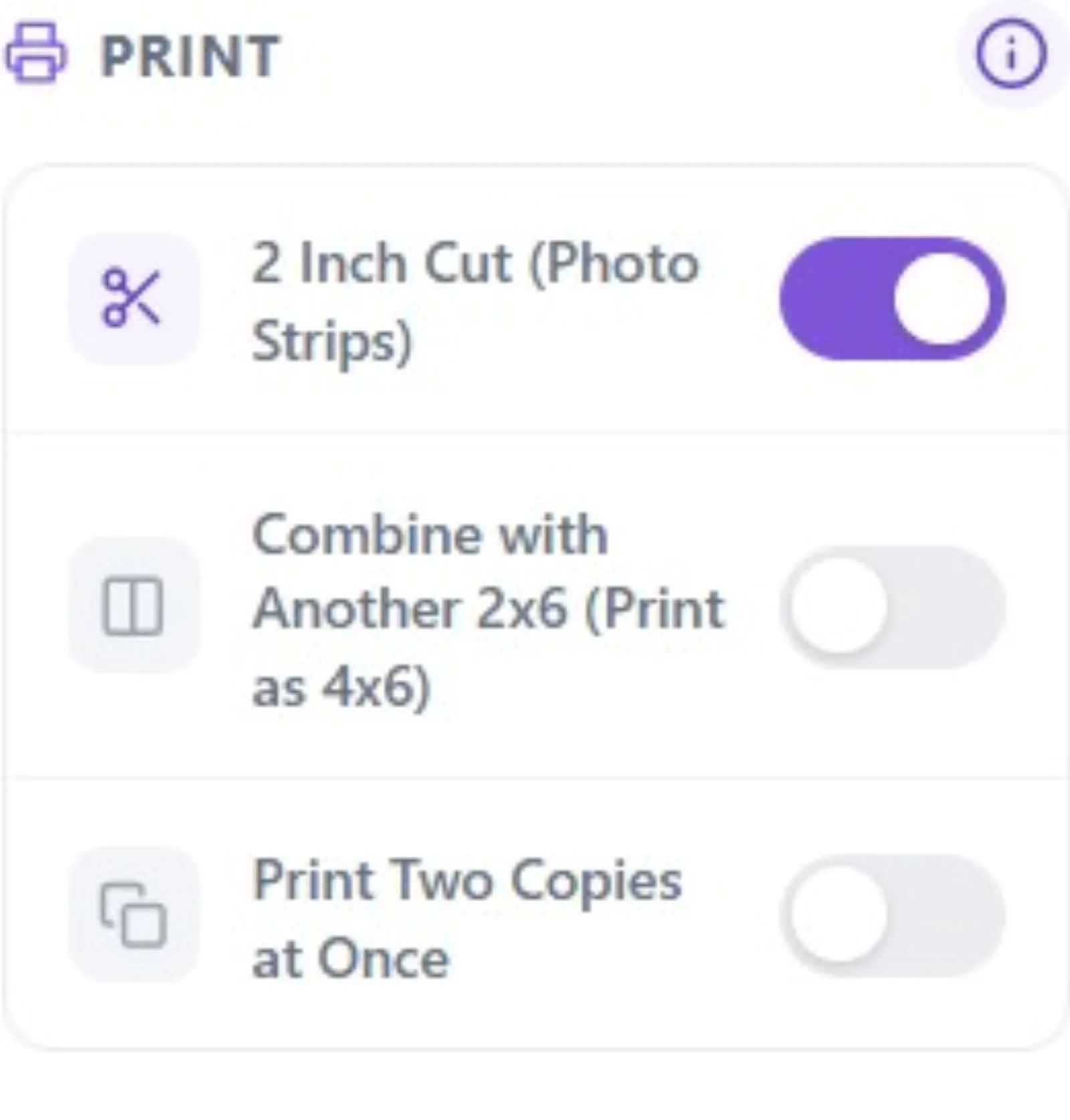 Template Editor right Properties panel "Printing": "2 Inch Cut" toggle on (+ if strip, Combine/2 Copies)