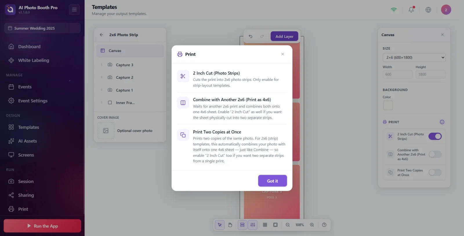 The modal that appears when you tap the (i) button in the Printing header, explaining each toggle