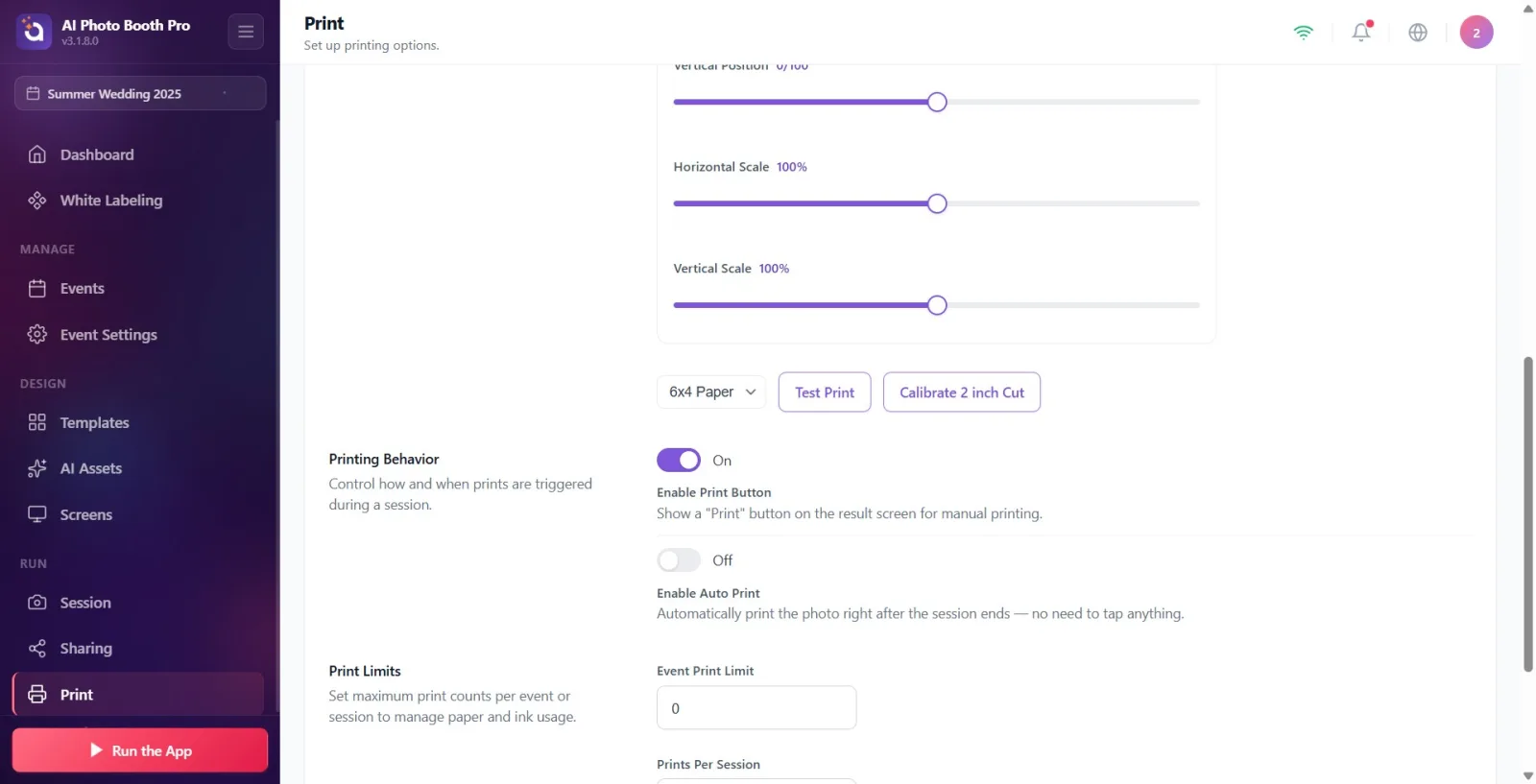 Settings → Print page: "Calibrate 2 inch Cut" button (Windows) + "Do You Want to Print 2x6 Strips?" link