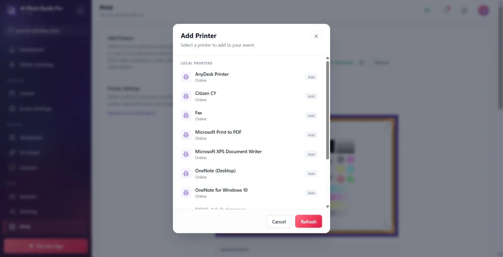 Printer addition window: a printer under the title Local Printers and the Add badge to the right of it, Cancel and…