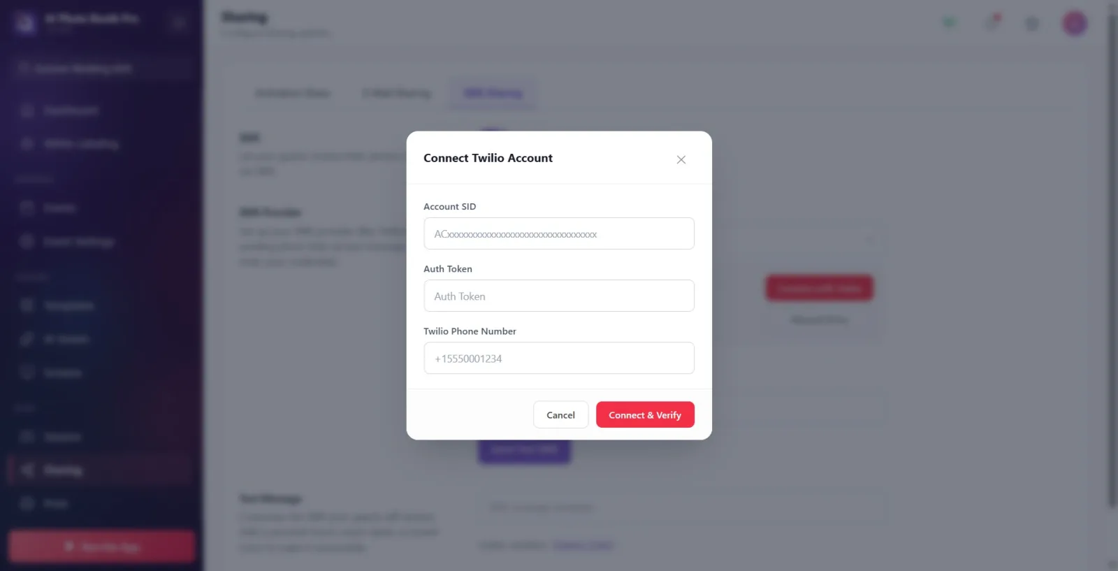 Connect Twilio Account modal; 'Account SID' / 'Auth Token' / Twilio Phone Number fields and Connect & Verify button.