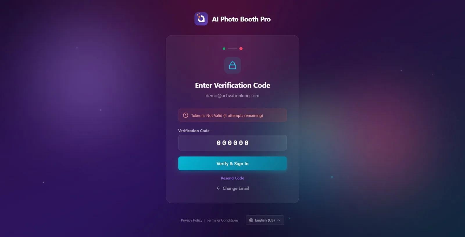 Red error banner at verification code step: 'Verification failed. Please try again. (3 attempts left)' and a 6-digit…