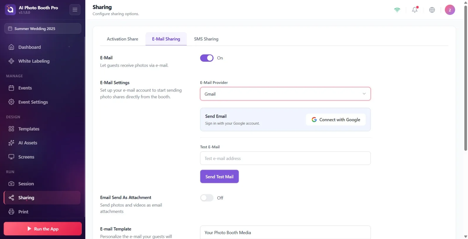 Email Sharing tab: Email Provider selection, connection card with Connect with Google button and Test Email field under…