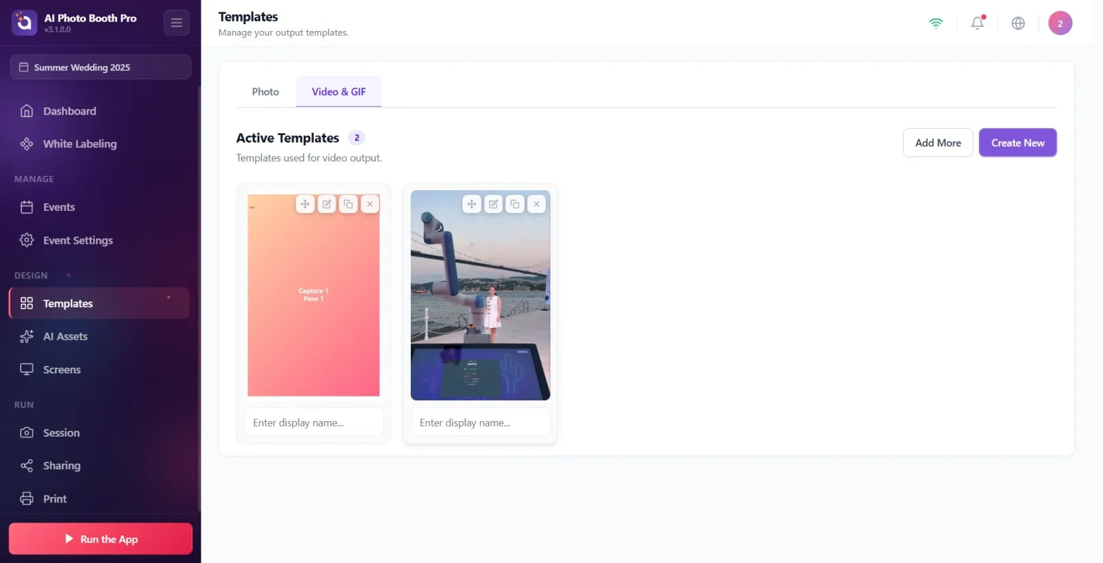Video & GIF tab active; the Active Templates heading, the Add More and purple Create New buttons at the top right, and…