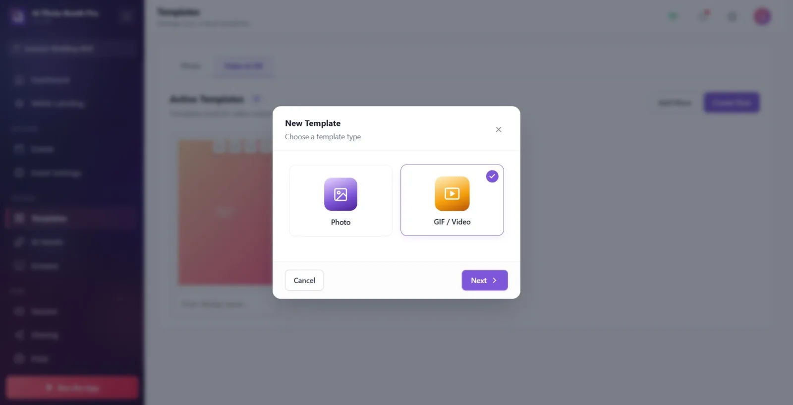 Wizard Step 1; the Photo and GIF / Video type cards side by side, the GIF / Video card selected (checkmark at the top…