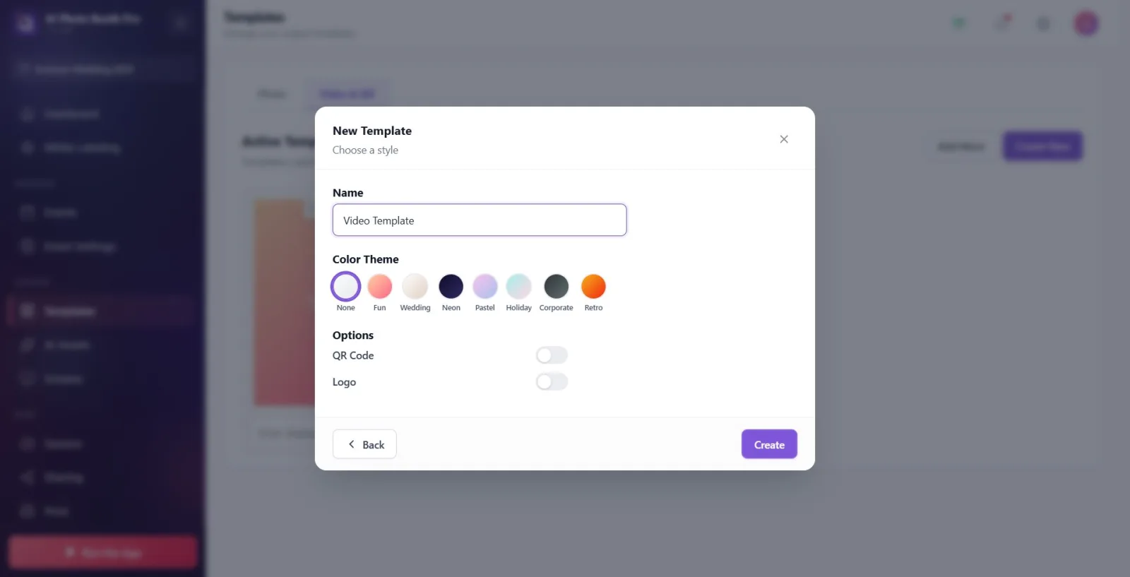 Wizard Step 4; style theme cards, purple Create button at the bottom right.