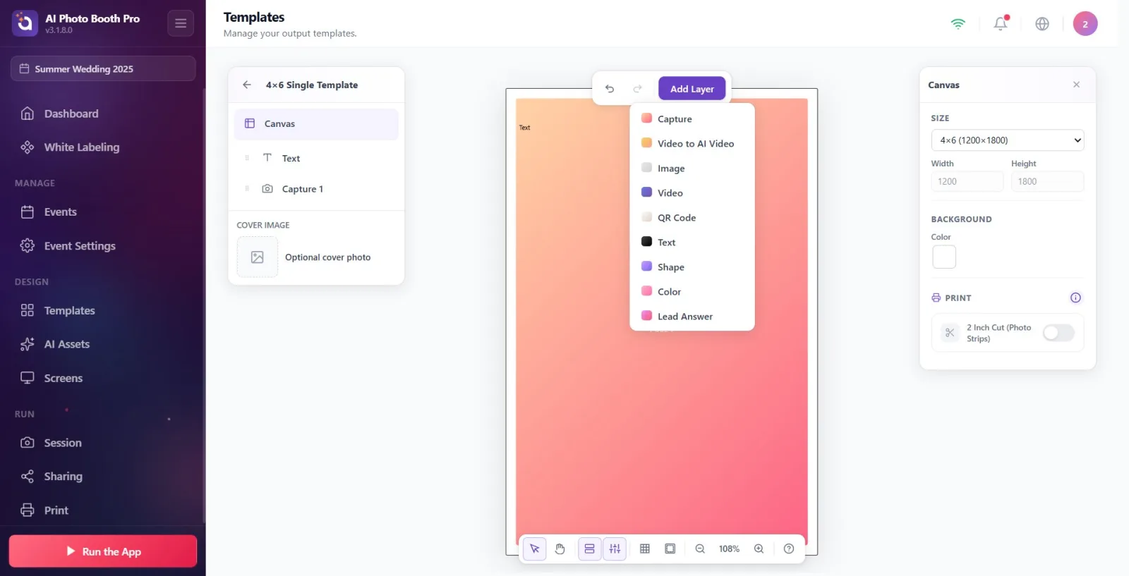 The open Add Layer menu; Capture, Video, Image, QR, Text, Shape, Color, Lead Answer options listed; no AI/Face Swap…