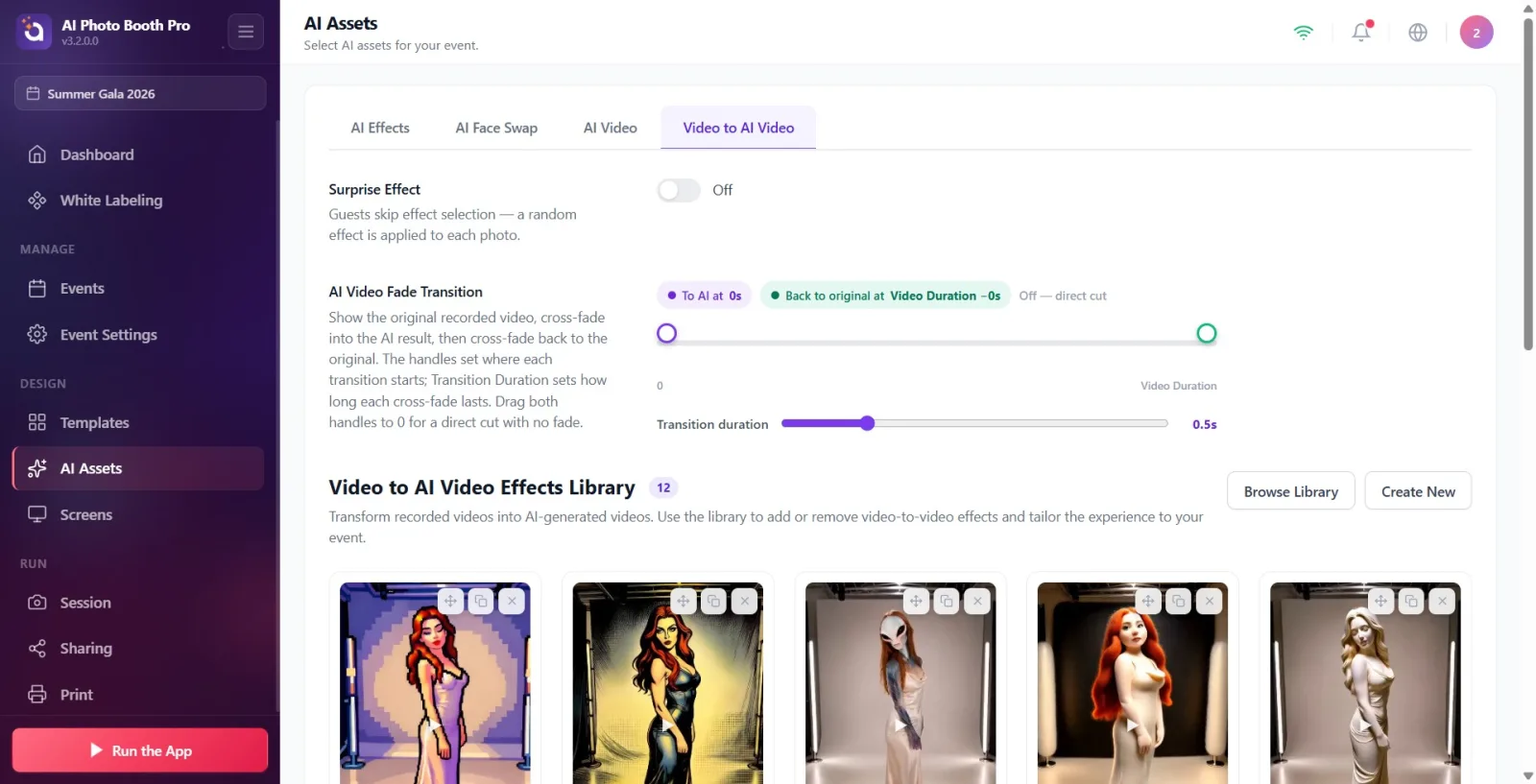 Video to AI Video tab: Surprise Effect toggle, library heading, Browse Library / Create New buttons, card grid