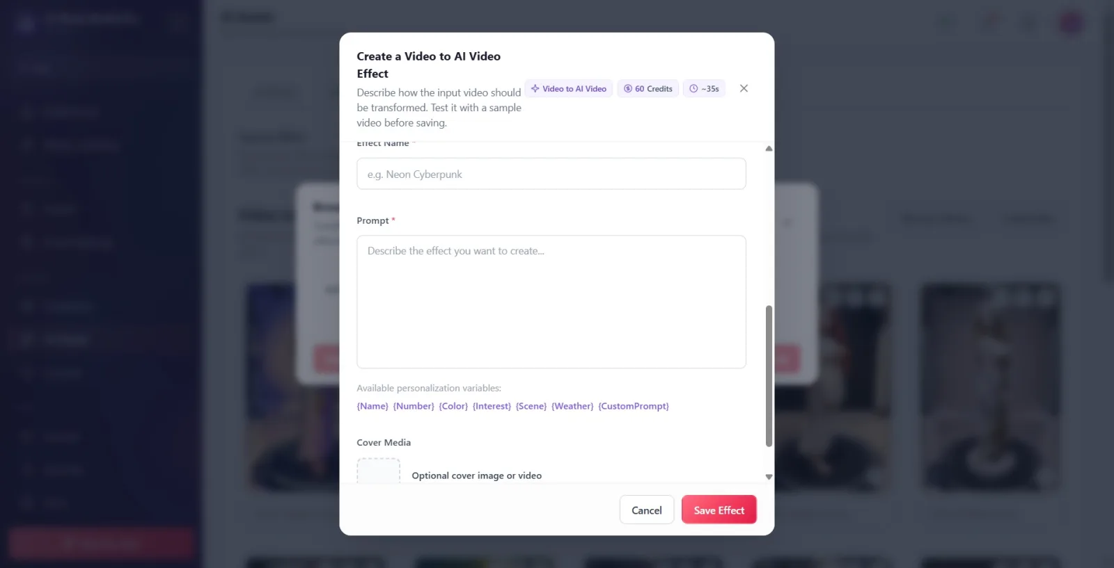 Effect Name + Prompt fields and the 7 personalization chips below Prompt